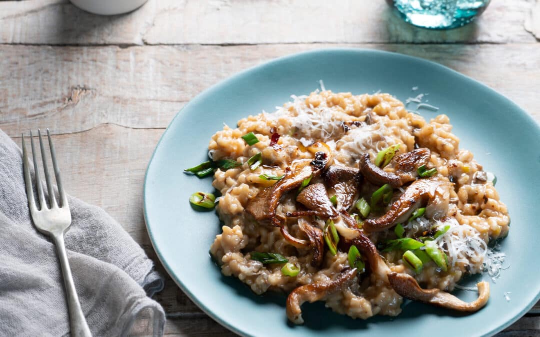 Mushroom Miso Risotto with Chilli Oil and Golden Oyster Mushrooms