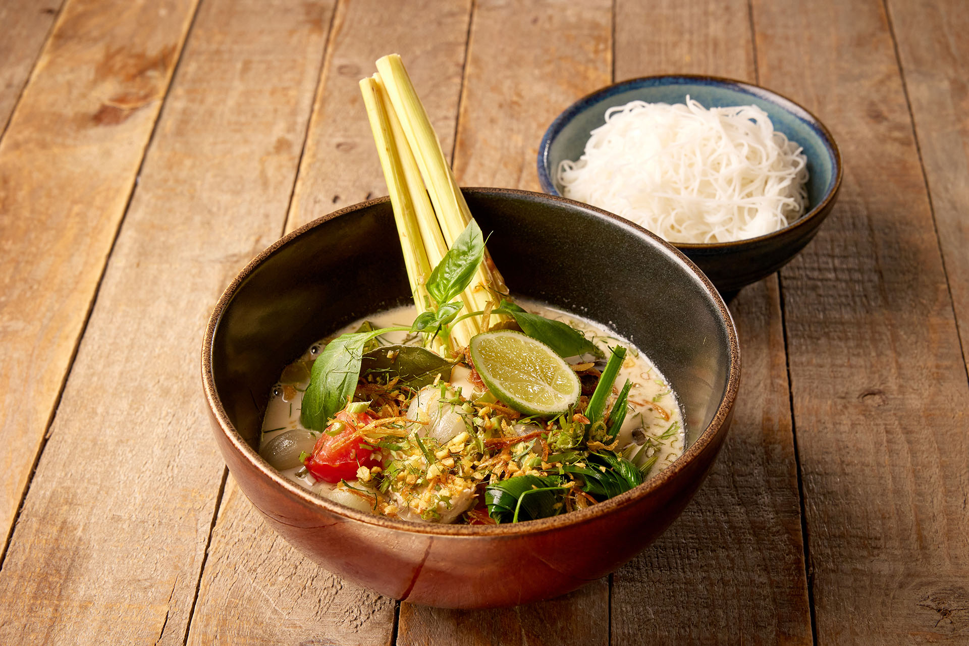 Farang Chicken, Coconut and Galangal Rice Noodle Soup