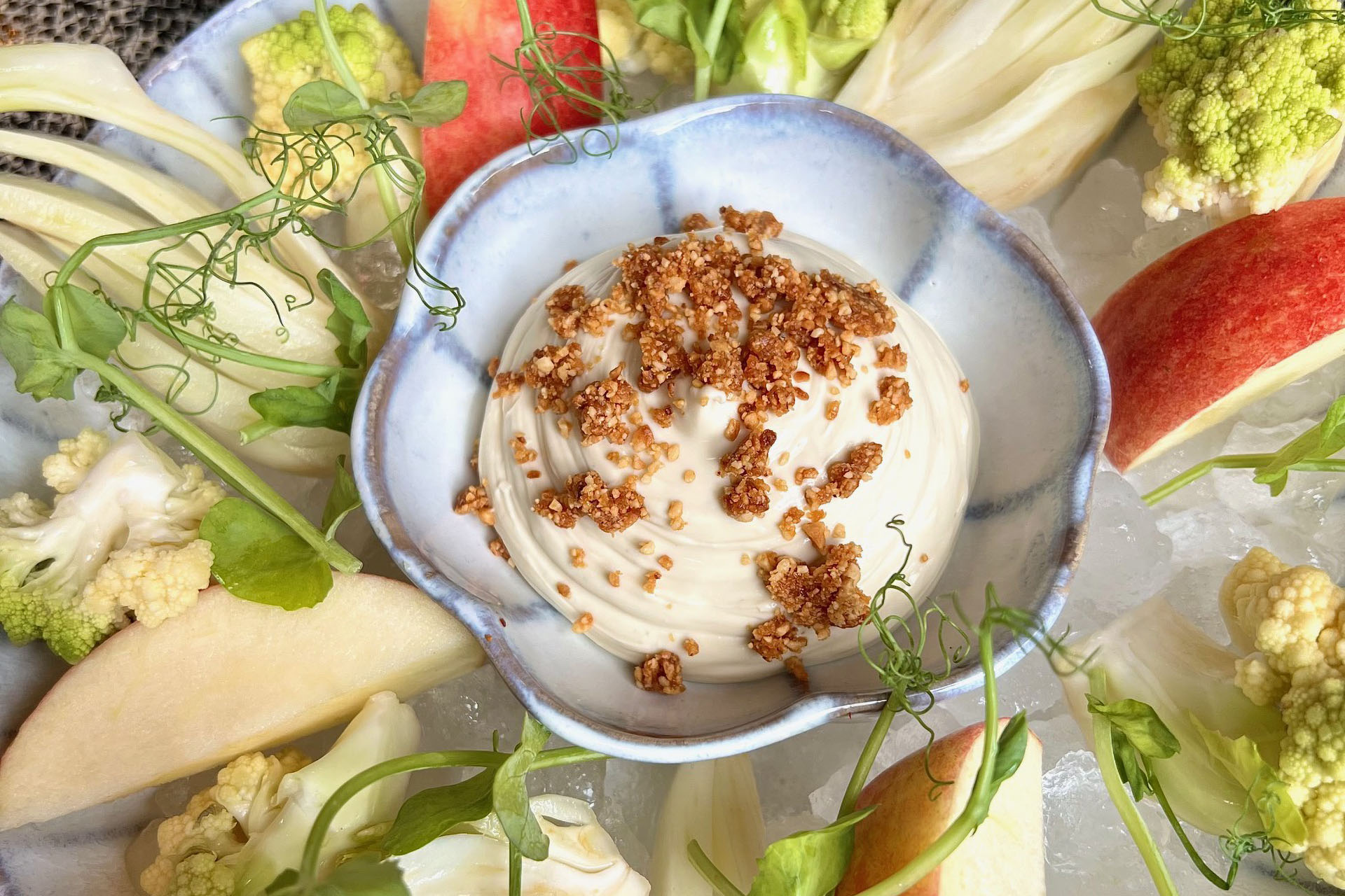 Colston Bassett Stilton Custard, Hazelnut Praline, Seasonal Crudite Vegetables