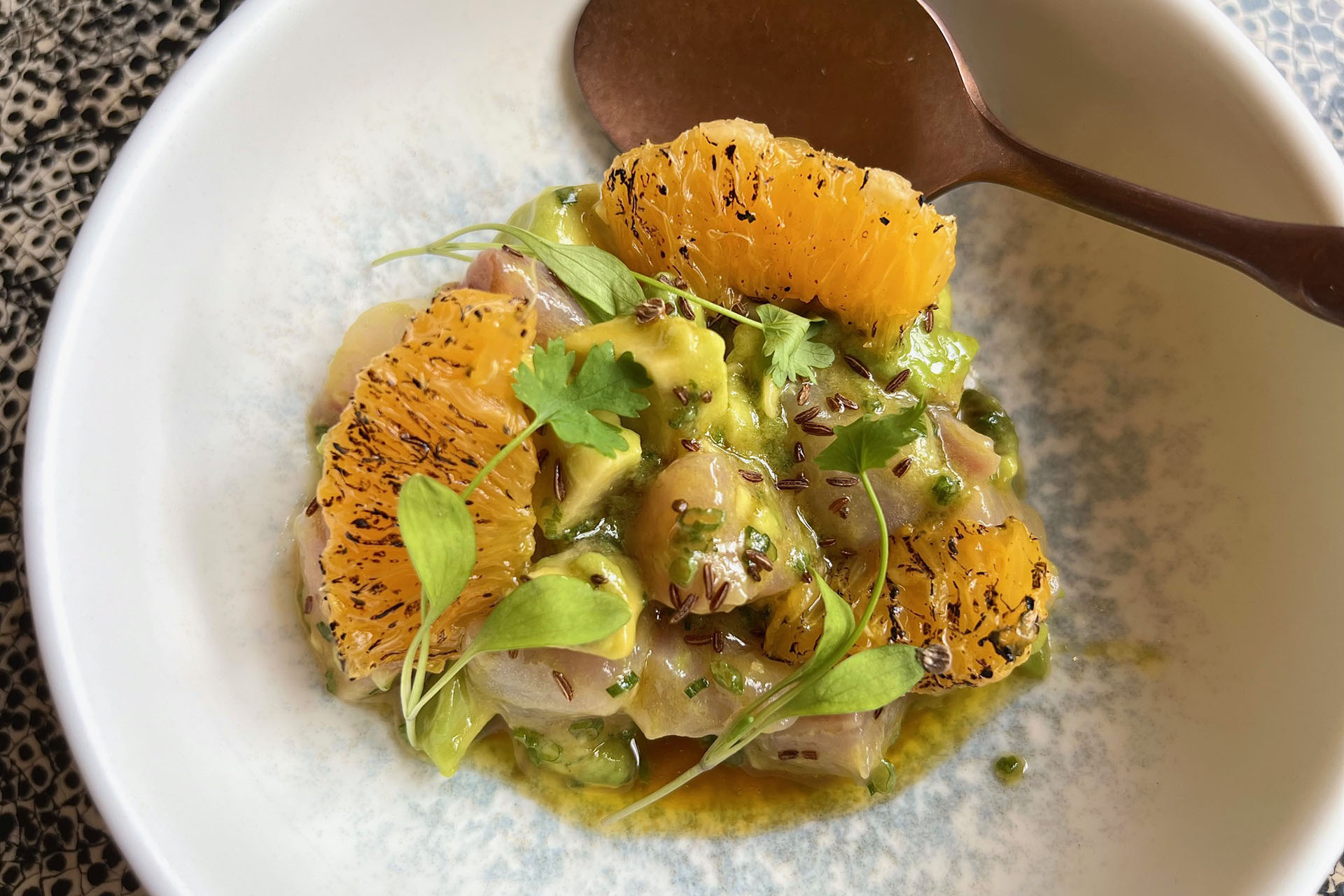 Seabass, Orange & Ginger Dressing, Caraway Seeds