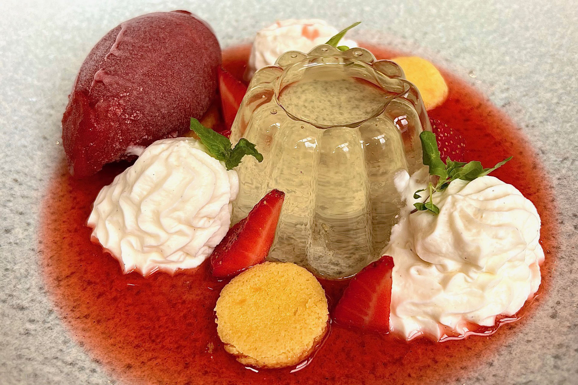 Elderflower Jelly, Evesham Pearl Strawberry, Almond Cake