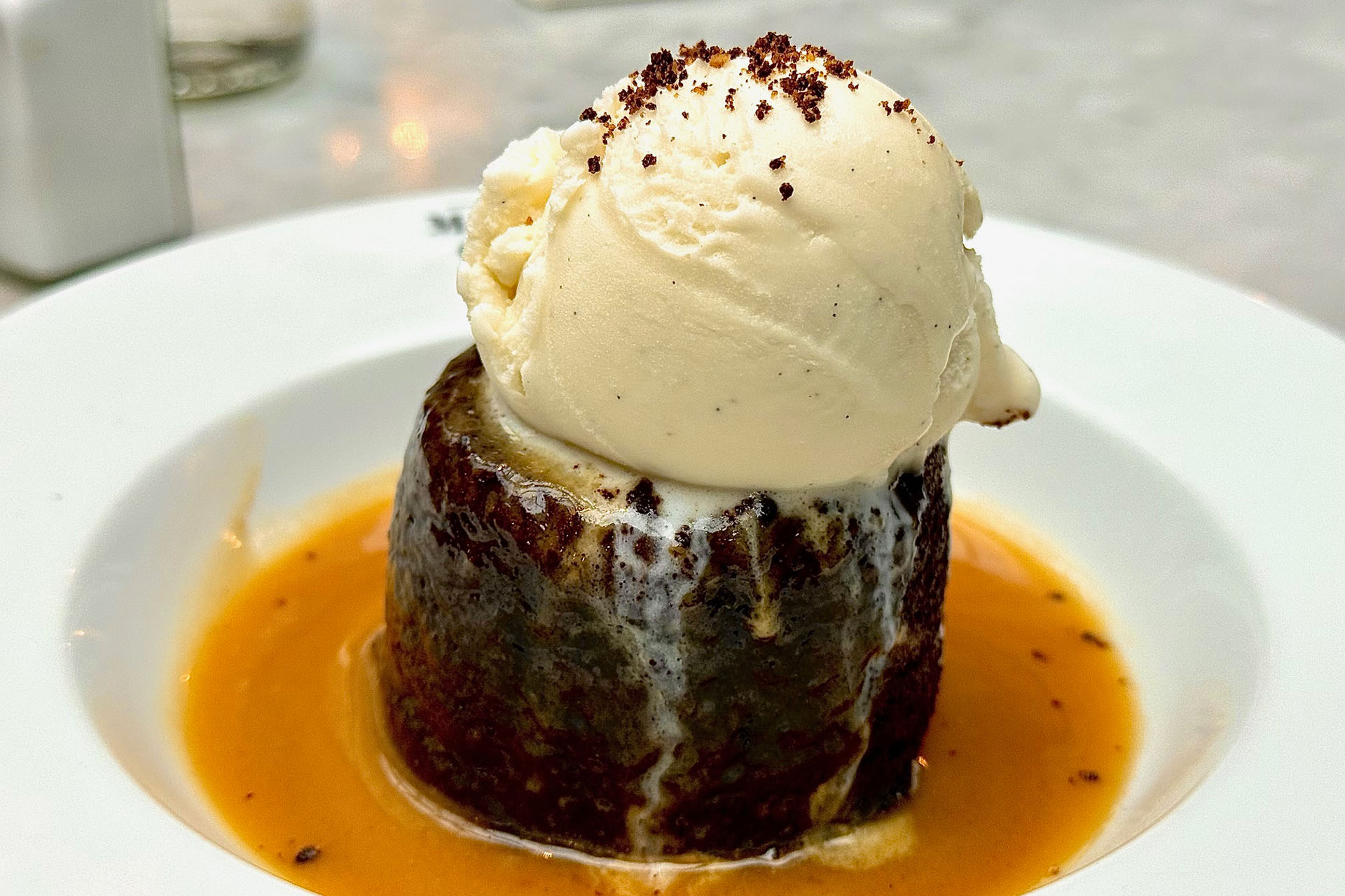Sticky date pudding, toffee sauce, Madagascan vanilla gelato